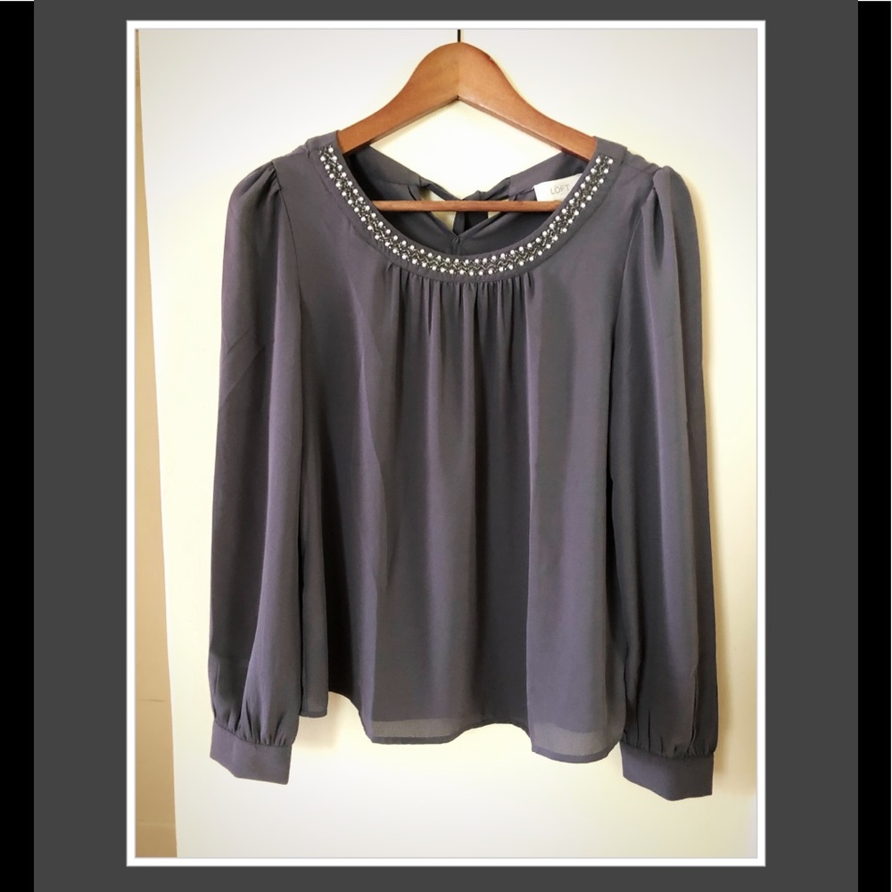LOFT beaded pewter gray blouse